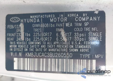 2011 Hyundai Tucson Gls из США, поврежденный, VIN KM8JUCAC3BU260550